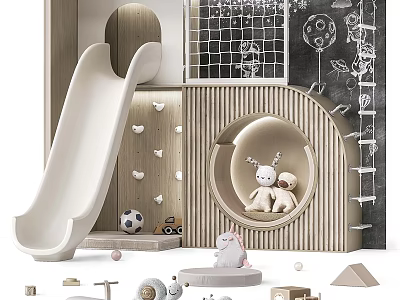 Kids Bed with Slide Chalkboard Wall Stuffed Toys and Soccer Ball in Playful Room 3d model