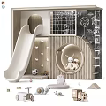 Kids Bed with Slide Chalkboard Wall Stuffed Toys and Soccer Ball in Playful Room