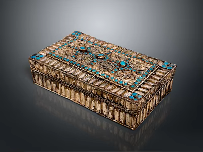 Decorative Ornament Set With Golden Carved Box And Turquoise Decorative Accents 3d model