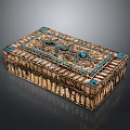 Decorative Ornament Set With Golden Carved Box And Turquoise Decorative Accents