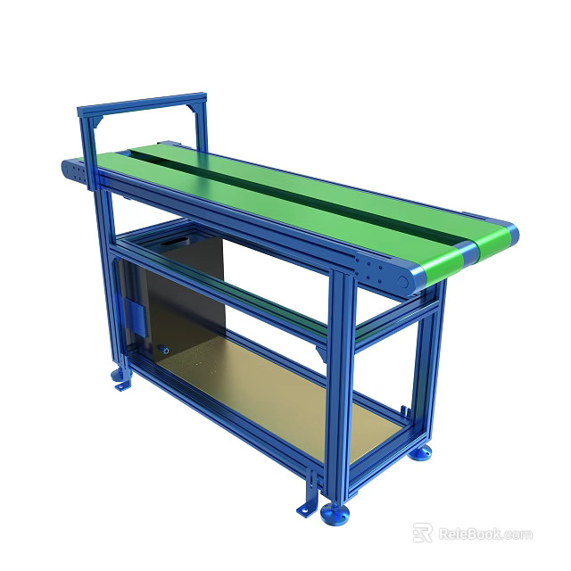 Green Conveyor Belt Workbench With Blue Frame And Metal Shelf Structure 3d model 