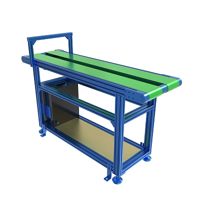Green Conveyor Belt Workbench With Blue Frame And Metal Shelf Structure 3d model