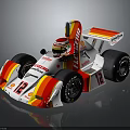 White Red Yellow Striped Racing Car with Shell Flylon Logos Helmeted Driver and Number 12