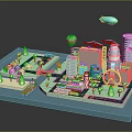 Colorful Architectural 3D Model Cityscape With Hot Air Balloon Airship Trees And Cars
