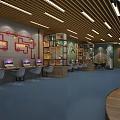 Modern Internet Cafe Interior With Comfortable Seats Computers Bookshelves And Green Plants