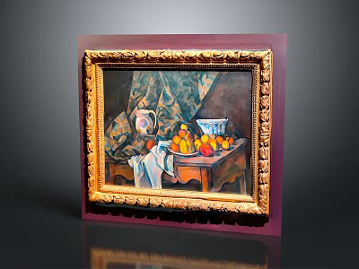 Classic Wooden Table in Gold Framed Still Life Painting with Fruits Vase and Cloth 3d model