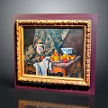 Classic Wooden Table in Gold Framed Still Life Painting with Fruits Vase and Cloth