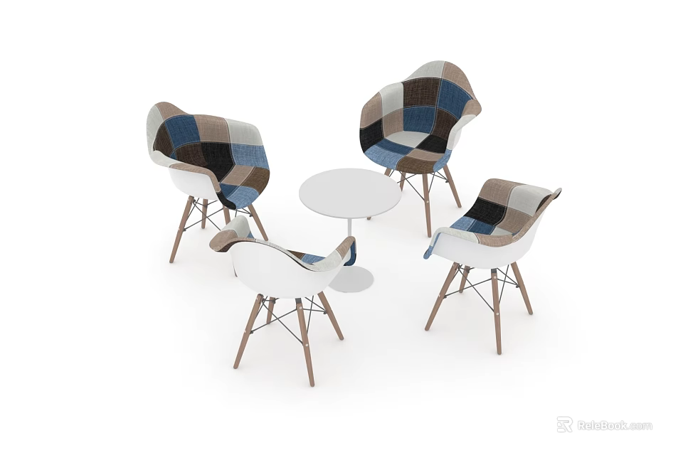 Modern Negotiation Table and Chairs With Patchwork Fabric Seats and Wooden Legs 3d model