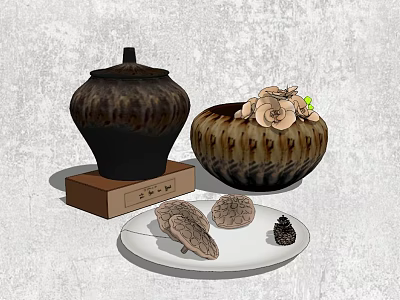 Decorative Ornament Set With Black Ceramic Jar Wooden Base Striped Bowl And White Plate 3d model