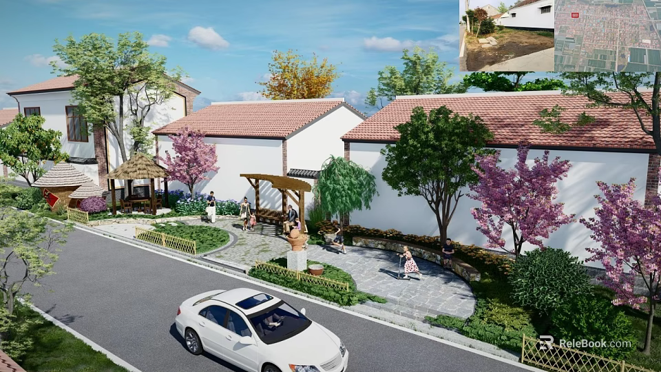 Rural Landscape with White Houses Red Roofs Pink Flowering Trees Greenery Pavilion and People Resting 3d model 