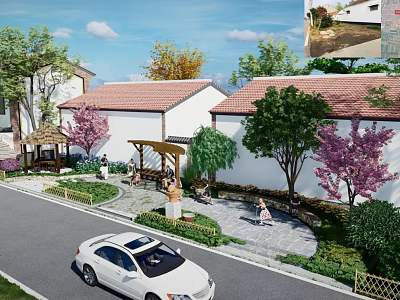 Rural Landscape with White Houses Red Roofs Pink Flowering Trees Greenery Pavilion and People Resting 3d model