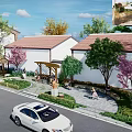 Rural Landscape with White Houses Red Roofs Pink Flowering Trees Greenery Pavilion and People Resting