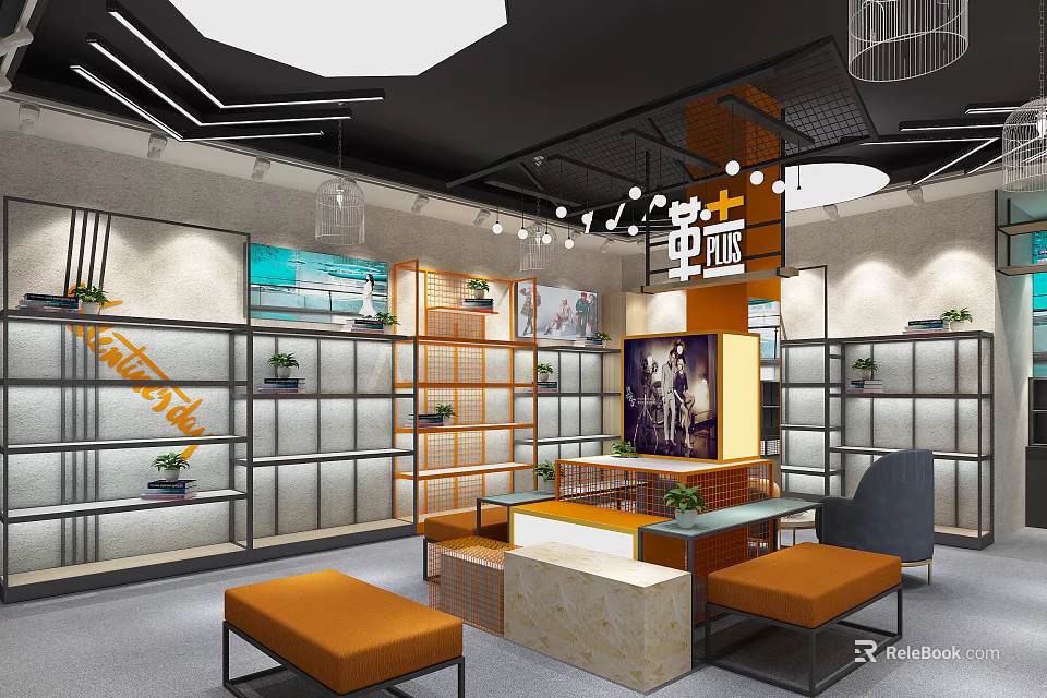 Modern Specialty Store Interior With Shelves Display Areas Seats And Decorative Lighting 3d model 