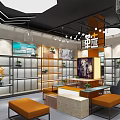 Modern Specialty Store Interior With Shelves Display Areas Seats And Decorative Lighting