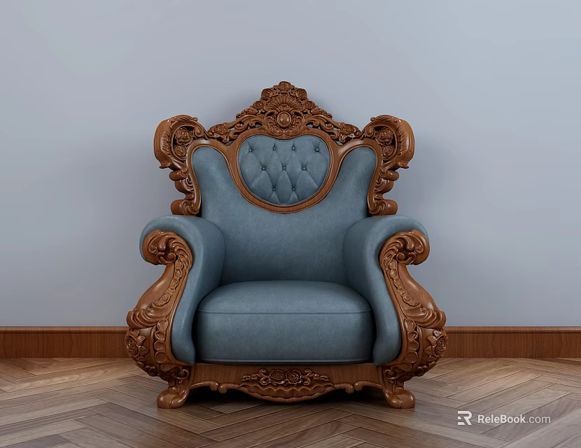 Ornate Blue Upholstered Armchair With Carved Wooden Arms And Tufted Back 3d model 