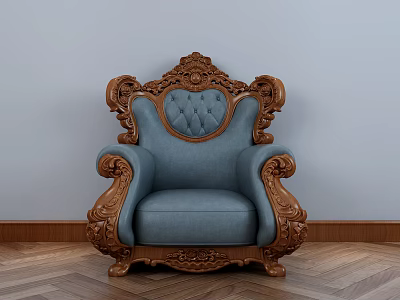 Ornate Blue Upholstered Armchair With Carved Wooden Arms And Tufted Back 3d model