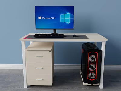 Office Desk With Windows 11 Monitor Keyboard Mouse Drawer Cabinet And Black Red PC Case 3d model