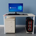 Office Desk With Windows 11 Monitor Keyboard Mouse Drawer Cabinet And Black Red PC Case