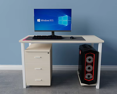 Office Desk With Windows 11 Monitor Keyboard Mouse Drawer Cabinet And Black Red PC Case 3d model