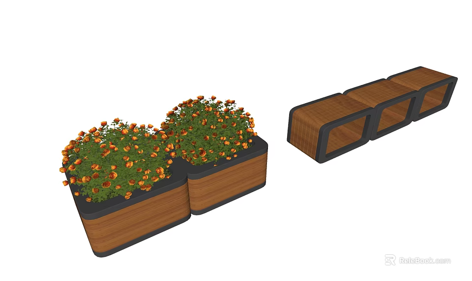 Wooden Outdoor Chair With Multi Seat Design And Heart Shaped Planter Boxes With Orange Flowers 3d model 