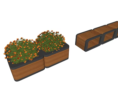Wooden Outdoor Chair With Multi Seat Design And Heart Shaped Planter Boxes With Orange Flowers 3d model