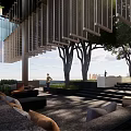 Modern Residential Landscape Design With Courtyard Water Feature Green Plants And Outdoor Seating