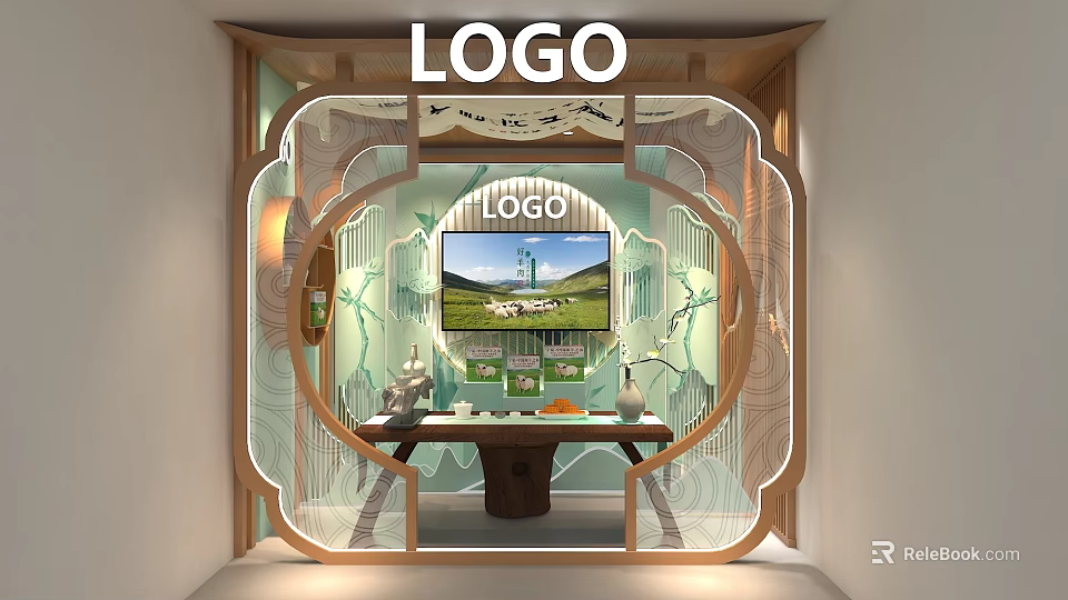 Modern Public Office Space With Wooden Frame Glass Partition Screen Display Decorative Elements Table Setup 3d model