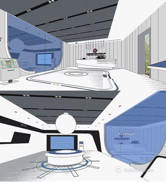 Modern Front Desk Reception Interior Design With Sleek Counter And Pendant Lighting 3d model