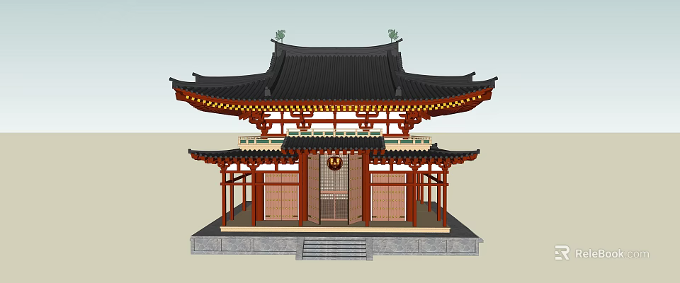 Ancient Chinese Architecture With Overhanging Eaves Black Roof Red Beams Stone Steps And Wooden Doors 3d model 