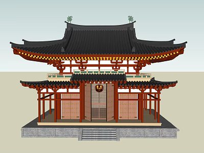 Ancient Chinese Architecture With Overhanging Eaves Black Roof Red Beams Stone Steps And Wooden Doors 3d model