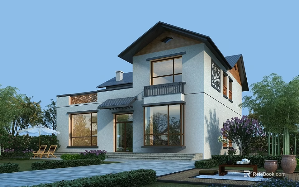 Modern Detached Villa Exterior Design With Large Windows Outdoor Courtyard And Green Plants 3d model 