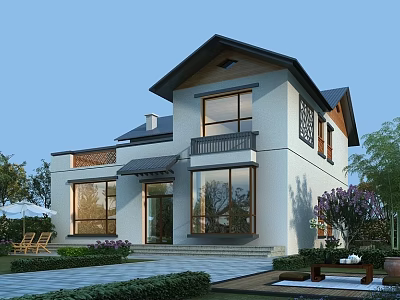 Modern Detached Villa Exterior Design With Large Windows Outdoor Courtyard And Green Plants 3d model
