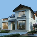Modern Detached Villa Exterior Design With Large Windows Outdoor Courtyard And Green Plants