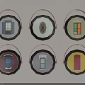 Colorful Decorative Door Design Ornaments With Circular Black Frames And Red Handles