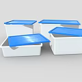 White Storage Boxes With Blue Lids Some Open And Some Closed