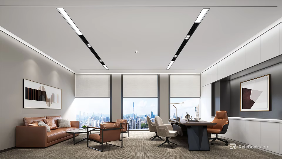 Modern Office Interior Design With Sofa Chairs Desk And City View Windows 3d model