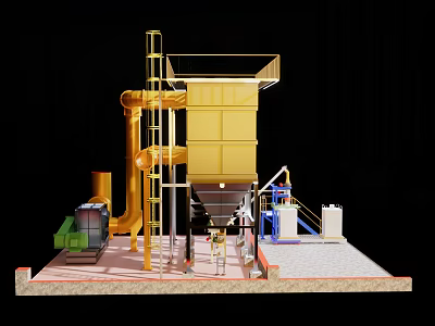 Industrial Processing Equipment With Yellow Tower Structure Pipeline And Auxiliary Components 3d model