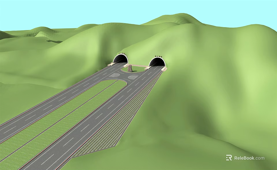 Twin Tunnel Roadway Infrastructure With Green Hills And Traffic Lanes 3d model 
