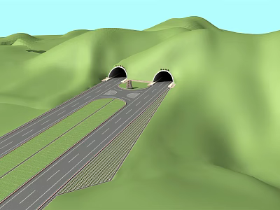 Twin Tunnel Roadway Infrastructure With Green Hills And Traffic Lanes 3d model