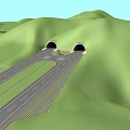 Twin Tunnel Roadway Infrastructure With Green Hills And Traffic Lanes