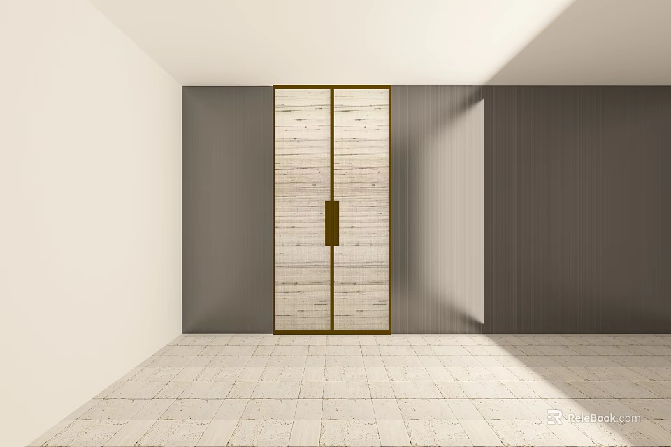 Modern Double Doors With Wooden Texture Gold Frame Against Gray Walls 3d model 