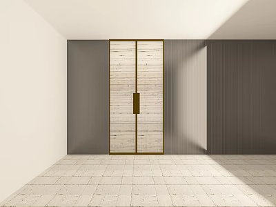 Modern Double Doors With Wooden Texture Gold Frame Against Gray Walls 3d model
