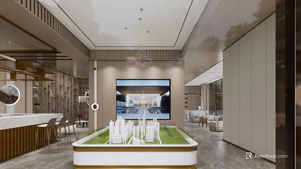 Modern Sales Office Interior Featuring City Model On Green Lawn Large Screen And Comfortable Seating 3d model 