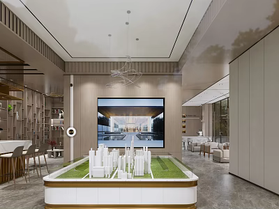 Modern Sales Office Interior Featuring City Model On Green Lawn Large Screen And Comfortable Seating 3d model
