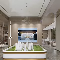 Modern Sales Office Interior Featuring City Model On Green Lawn Large Screen And Comfortable Seating