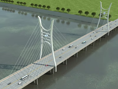 Modern Cable Stayed Bridge Over River With Vehicles And Greenery On Banks 3d model