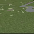 Beautiful Serene Natural Landscape With Vast Lush Green Grassland Winding Clear River And Scattered Trees