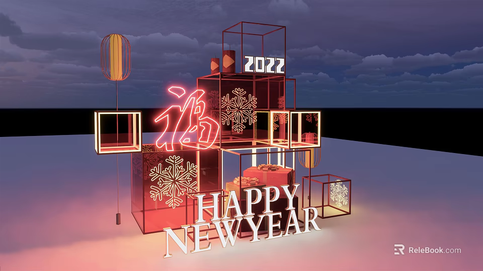 Happy New Year 2022 Celebration With Fu Character Snowflake Decorations And Lanterns 3d model 