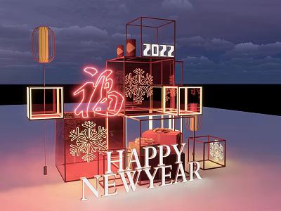 Happy New Year 2022 Celebration With Fu Character Snowflake Decorations And Lanterns 3d model