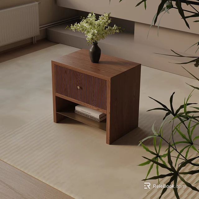 Modern Wooden Bedside Table With Vertical Striped Drawer Open Shelf And Vase With Flowers 3d model 